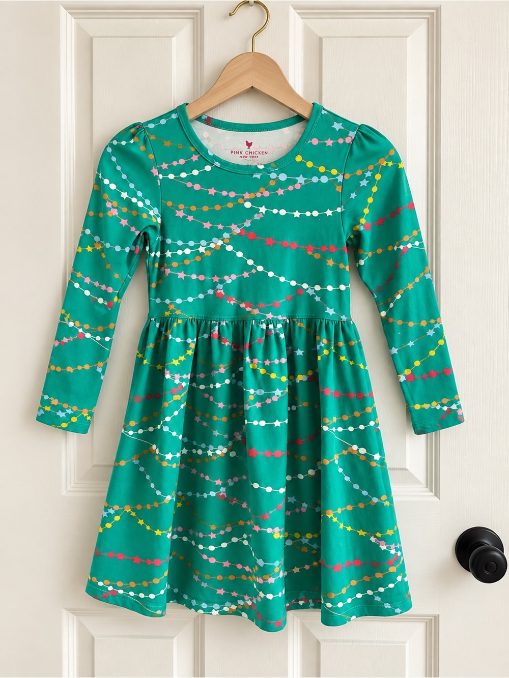 Pink Chicken Girls 8Y Green Garland Star Print Long Sleeve Dress